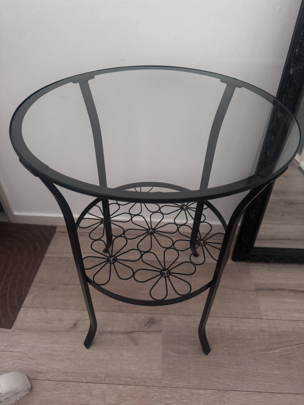 Ronde glazen bijzettafel zwart, Huis en Inrichting, Minder dan 55 cm, Gebruikt, Rond, Glas