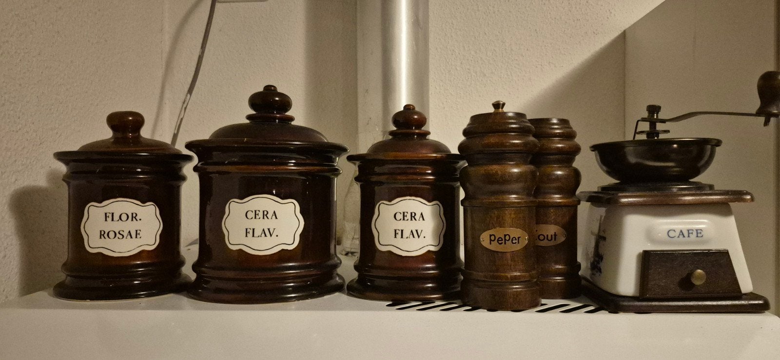 Vintage koffiemolen en voorraadpotten set, Antiek en Kunst, Ophalen of Verzenden