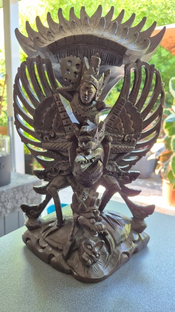 balinees houtsnijwerk Garuda met Vishnu 42 cm, Antiek en Kunst, Kunst | Beelden en Houtsnijwerken, Overige onderwerpen, Houtsnijwerk