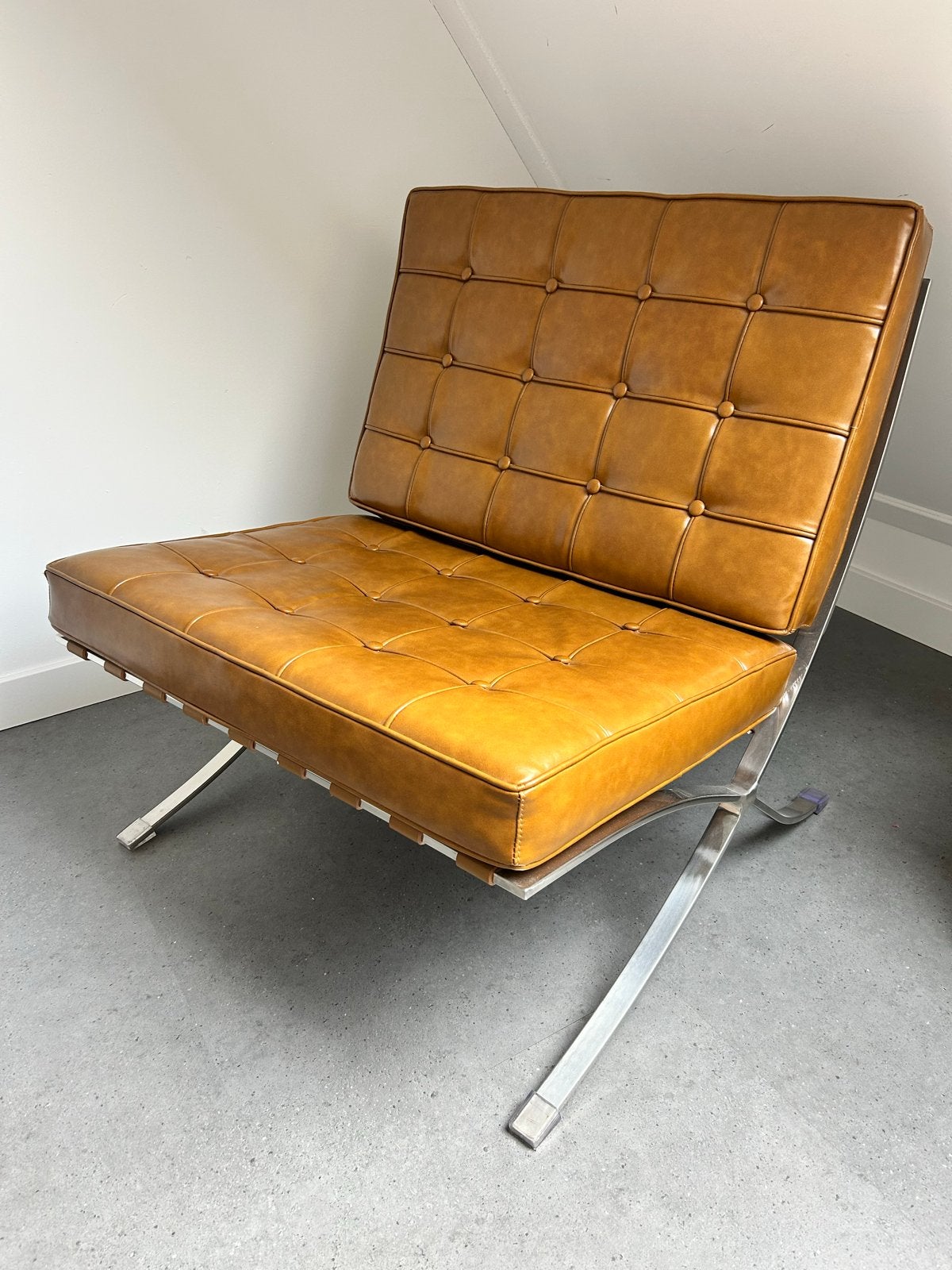 Barcelona Chair Stijl Fauteuil - Cognac Leer & Chroom, Ophalen, Zo goed als nieuw, Leer, 75 tot 100 cm