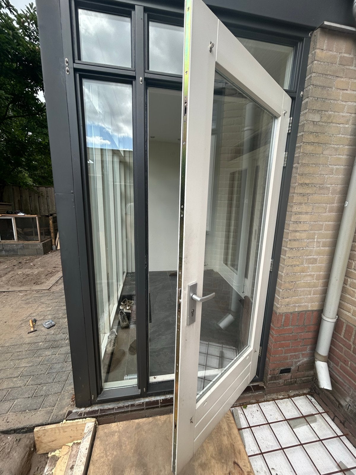 Raampartij achterdeur met zij- en bovenlicht, Doe-het-zelf en Verbouw, Deuren en Horren, Ophalen, Glas, Buitendeur, 200 tot 215 cm
