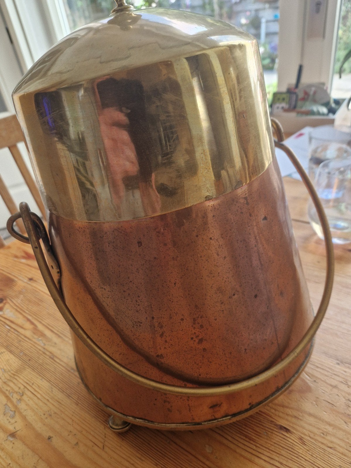 Antieke koperen en messing kolenemmer, Ophalen of Verzenden