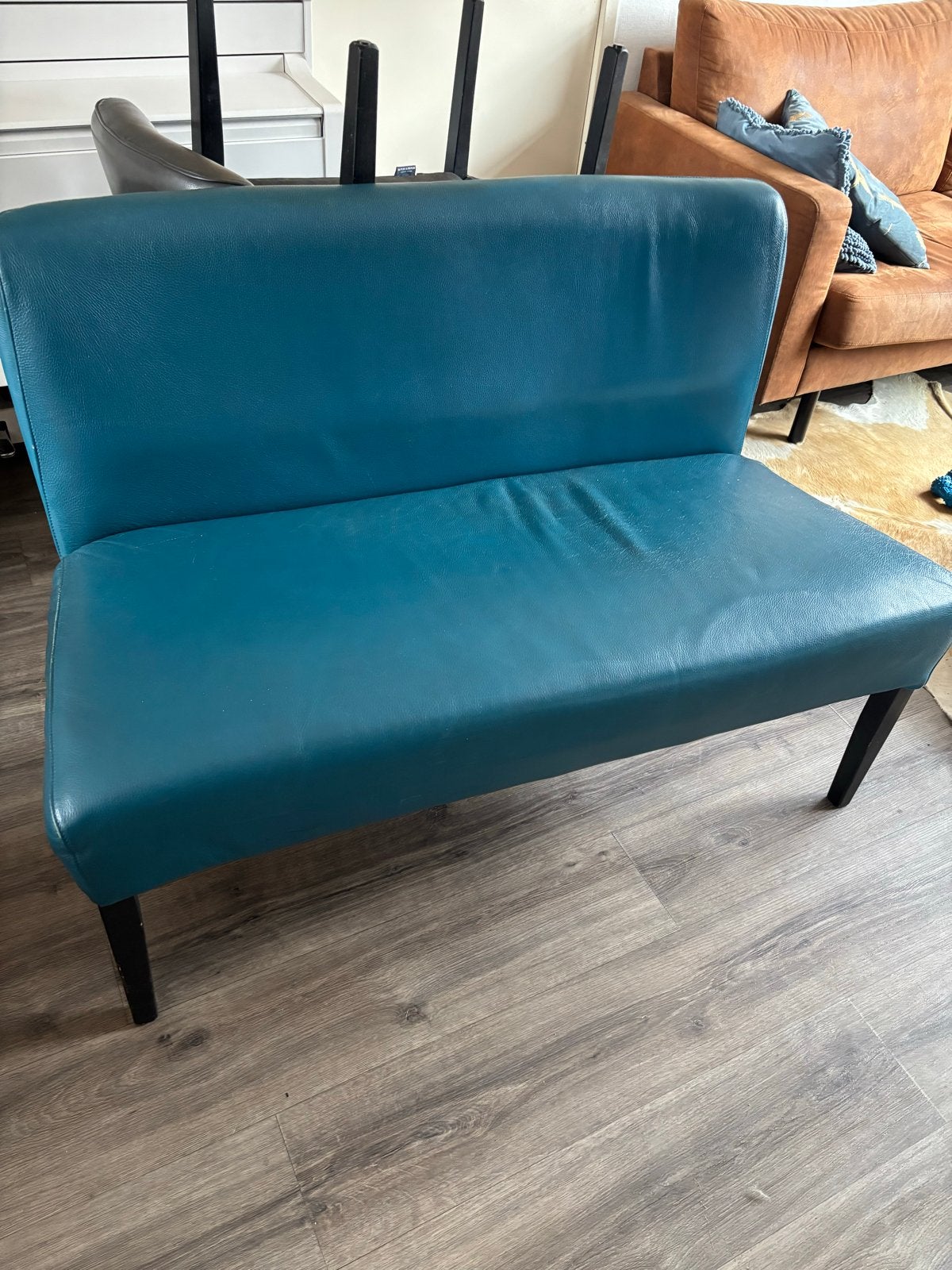 Turquoise tweezits bankje - eventueel met stoelen, Ophalen, Gebruikt, 150 tot 200 cm, Tweepersoons