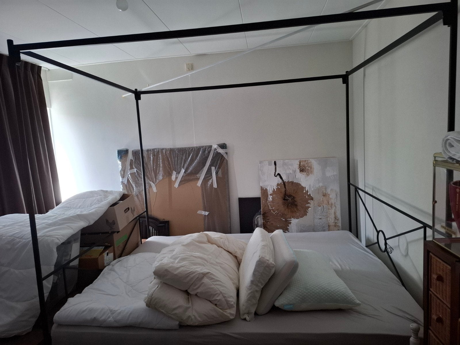Hemelbed 160x200, incl matrassen, topper en hemel, Ophalen, Zwart, Tweepersoons, Metaal