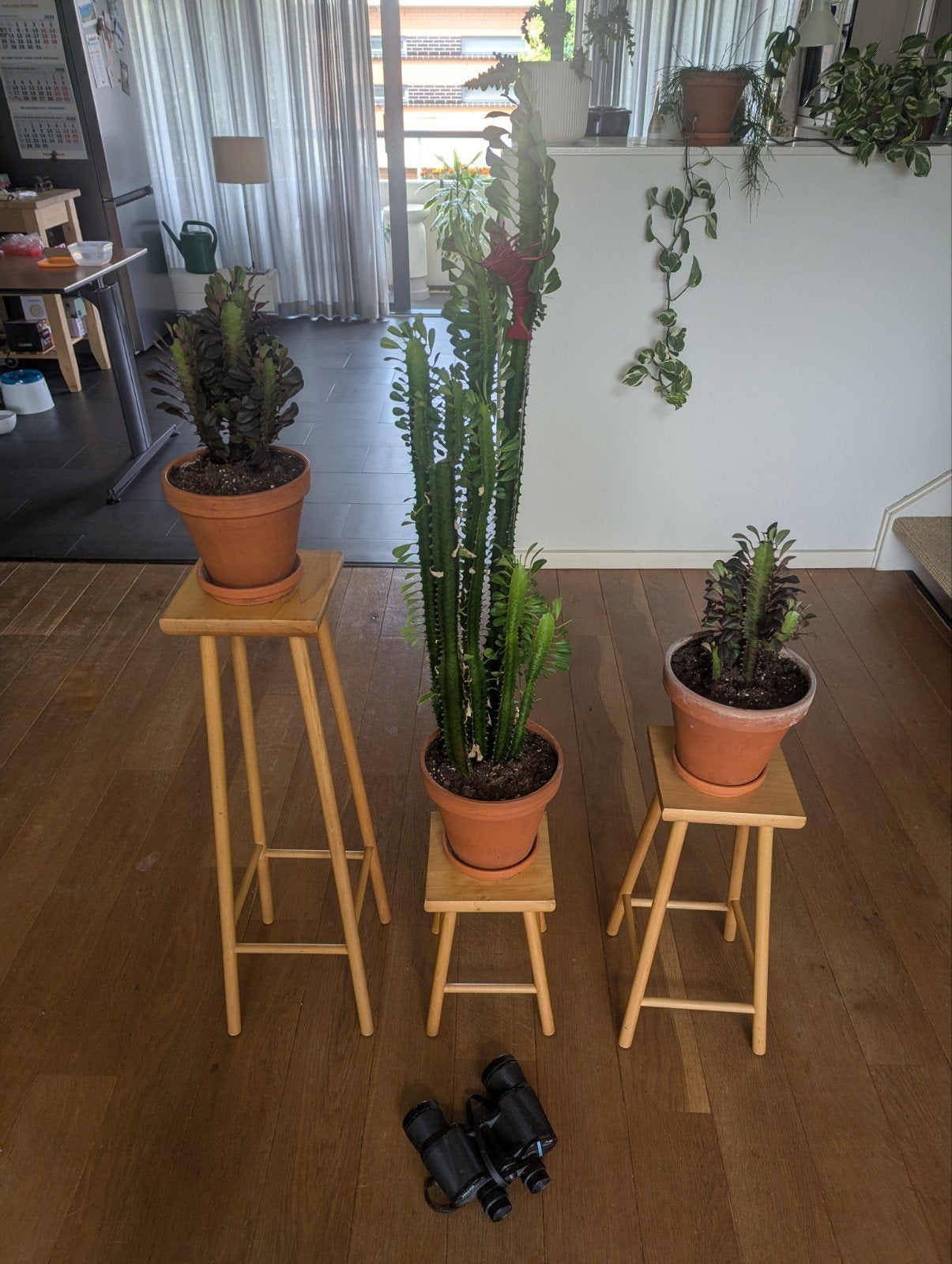 Vintage set van 3 massief houten plantentafels, Ophalen, Zo goed als nieuw