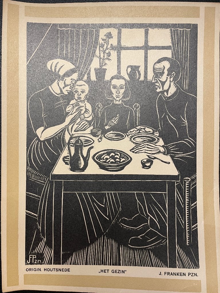 J. Francken Pzn. (1896-1977) Houtsnede 'Het gezin', Dagelijks leven, 30 cm, Ophalen of Verzenden, Houtsnede