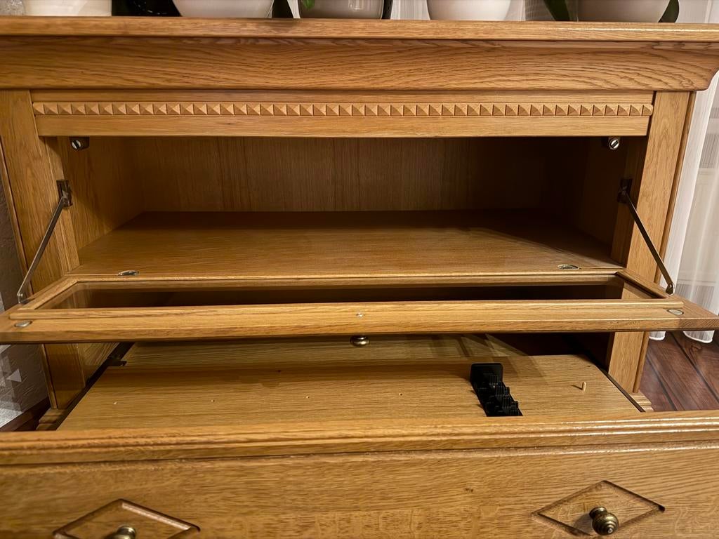 Massief eikenhouten tv-meubel met lade en glazen deur, Gebruikt, Eikenhout, Minder dan 100 cm, 25 tot 50 cm