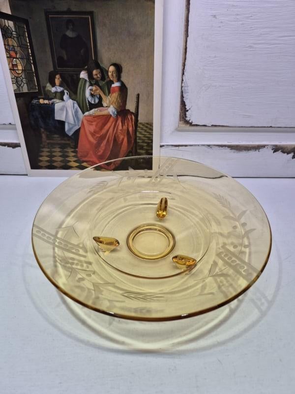 Gele geëtste persglazen fruitschaal, Ophalen of Verzenden