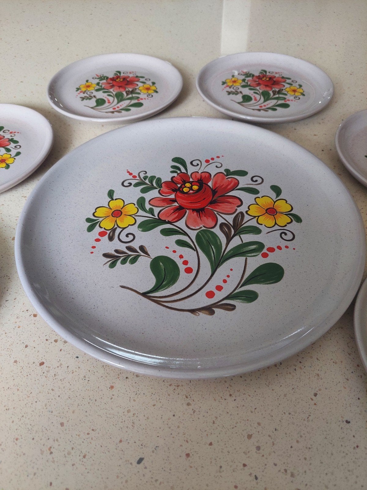 Vintage gebaksstel met 8 bordjes, bloemmotief, Antiek en Kunst, Ophalen of Verzenden