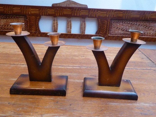 2 art deco kandelaars, hout en koper, Antiek en Kunst, Antiek | Kandelaars, Ophalen of Verzenden, Koper of Brons