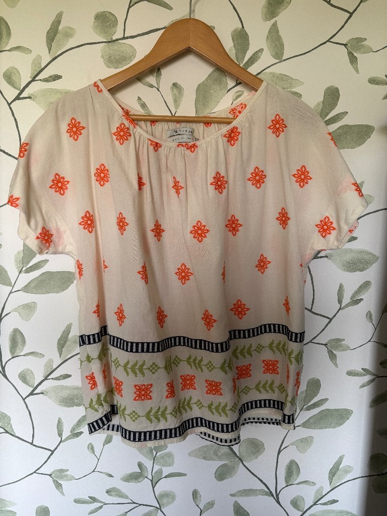 Nukus blouse korte mouw creme oranje small 36, Overige kleuren, Ophalen of Verzenden, Zo goed als nieuw, Maat 36 (S)