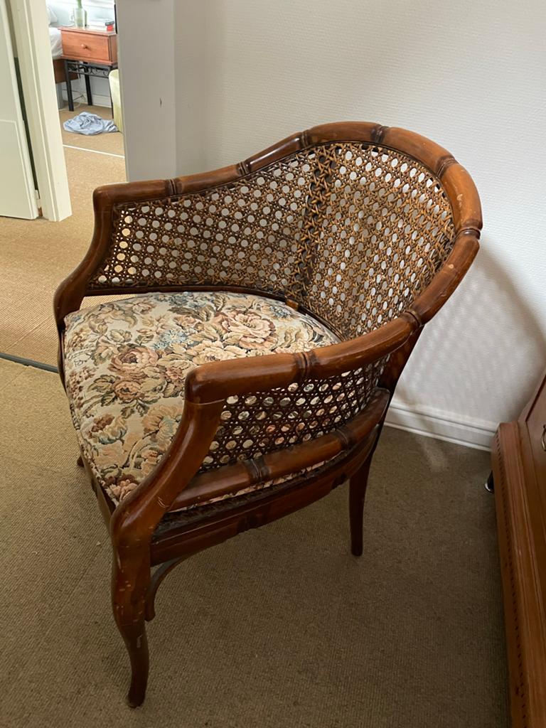 Vintage rotan fauteuil met bloemenstof, Ophalen of Verzenden
