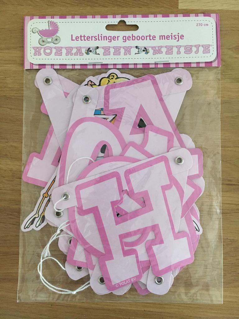 Letterslinger ooievaar+baby roze - Hoera een meisje, Ophalen of Verzenden, Nieuw, Versiering, Geboorte of Huwelijk