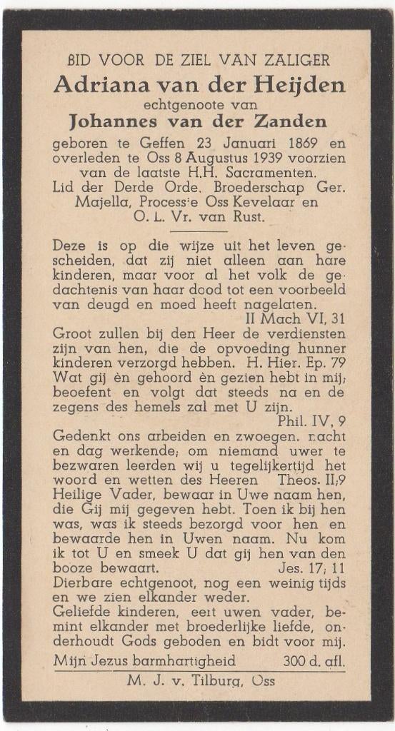 Adriana van der Heijden 1869 Geffen + 1939 Oss, 70 jaar, Verzamelen, Bidprentjes en Rouwkaarten, Verzenden