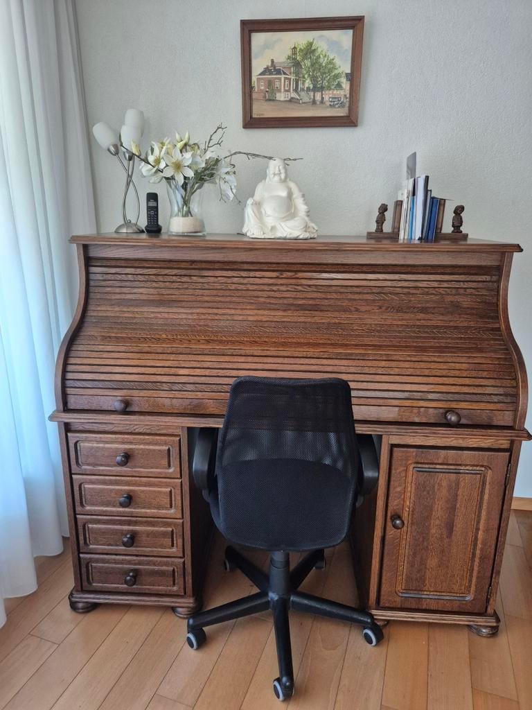Rolluik bureau met bureaustoel, Huis en Inrichting, Bureaus, Ophalen, Gebruikt, Antiek, Bruin