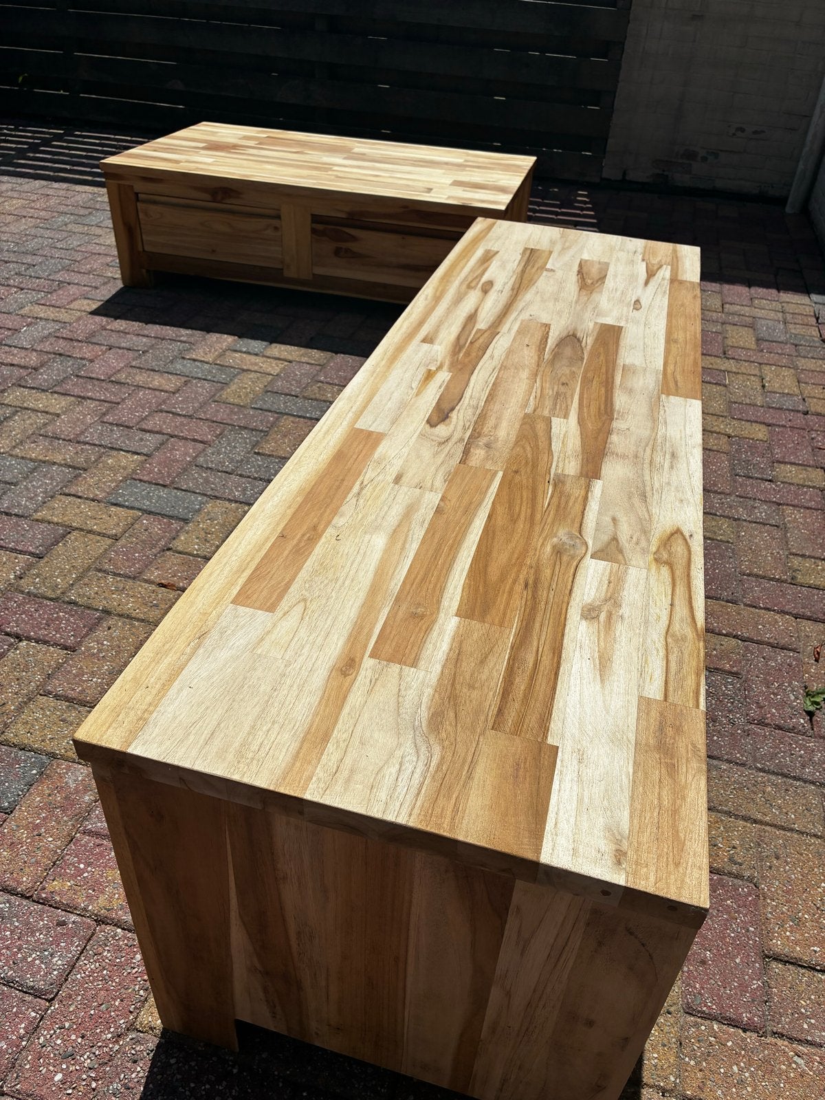 Salontafel en TV-meubel set van teakhout, 100 tot 150 cm, Teakhout, Ophalen of Verzenden, Zo goed als nieuw