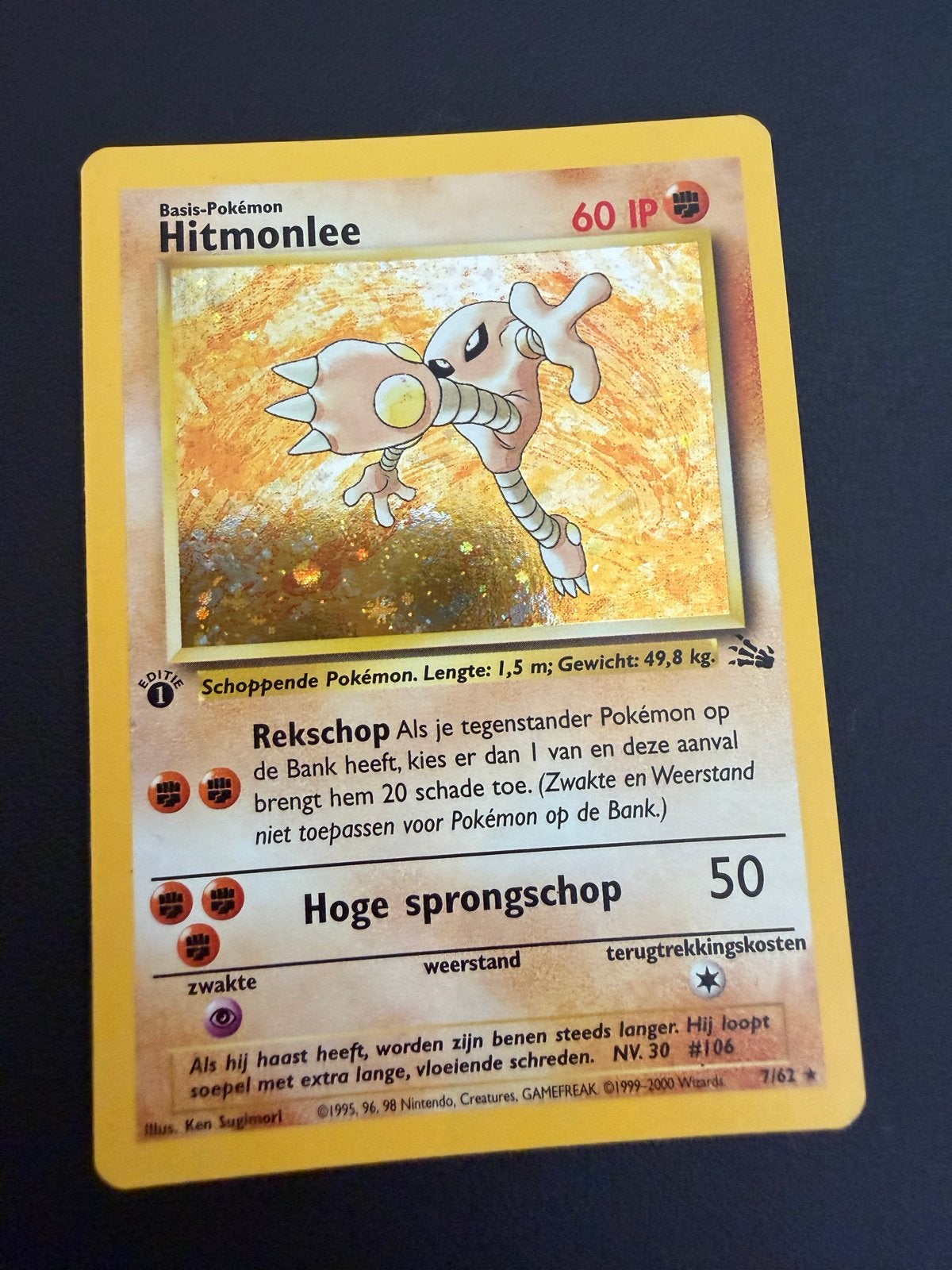 Pokémon Kaart Hitmonlee 7/62 Holo Jungle Set, Ophalen of Verzenden, Gebruikt, Losse kaart, Foil