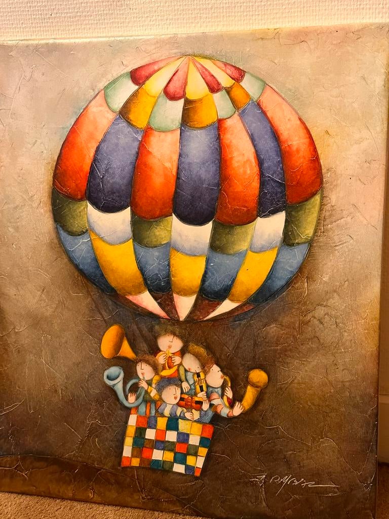 Kunstwerk: Muzikanten in luchtballon - vrolijk en kleurrijk, Antiek en Kunst, Ophalen