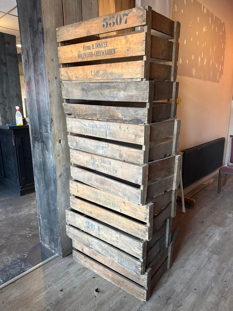 6 stuks houten kratten van Firma H. Donker Bolsward-Leeuward, Doe-het-zelf en Verbouw, Kratten en Dozen, Ophalen, Gebruikt, 40 tot 60 cm