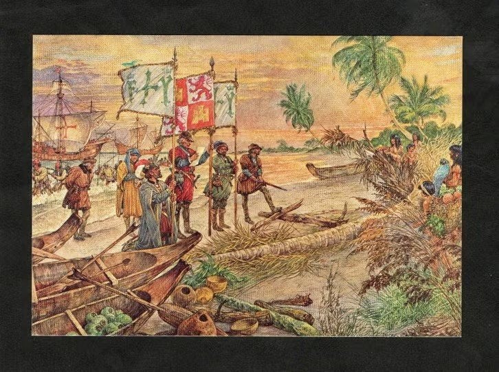 Ansichtkaart Schoolplaat Columbus op Guanahani 1492, Isings., Ophalen of Verzenden, 1960 tot 1980, Ongelopen, Politiek en Historie