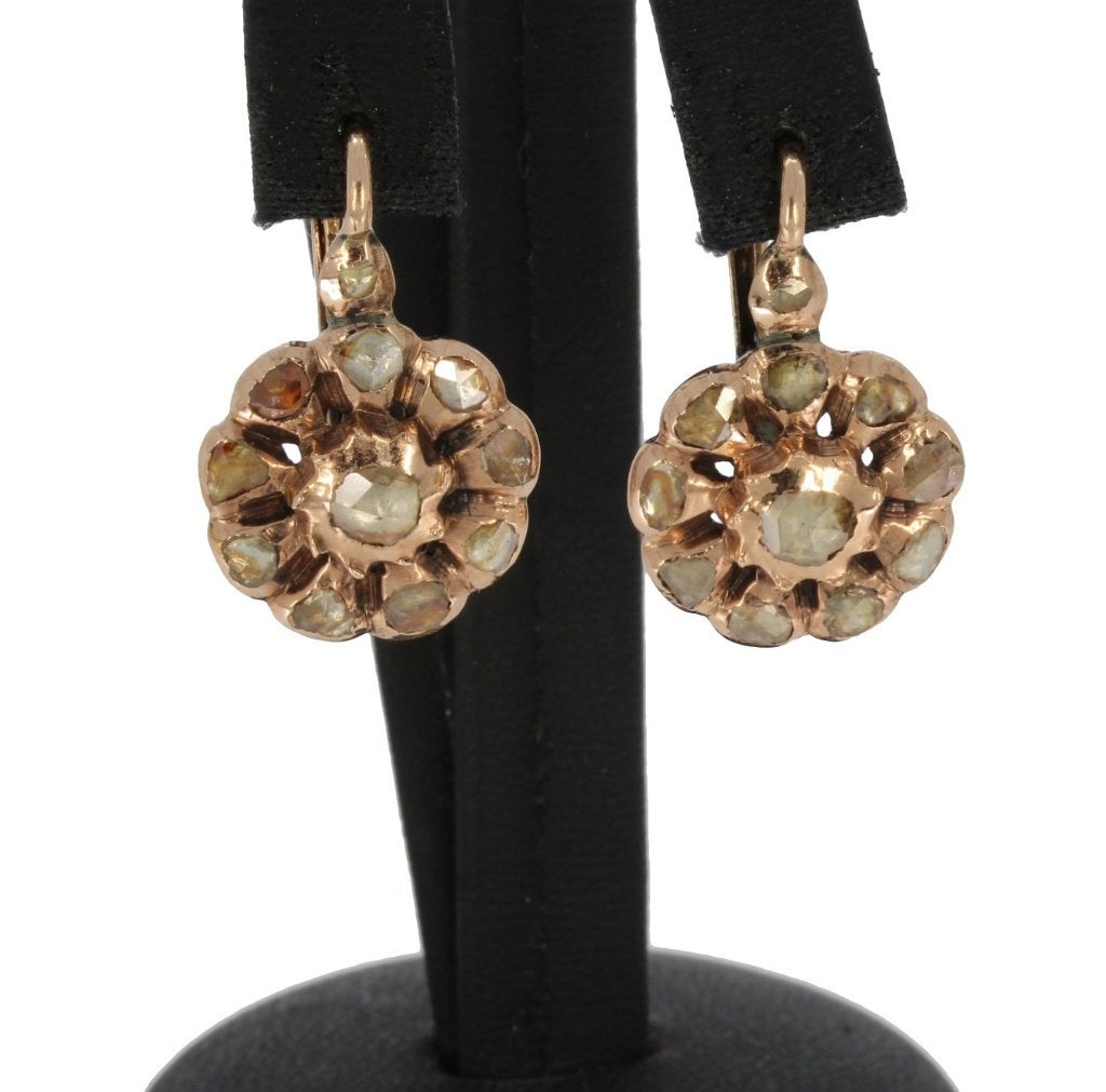 22 diamanten antiek set 14k gouden rozet dames oorbellen, Verzenden, Goud, Oorbellen, Met edelsteen
