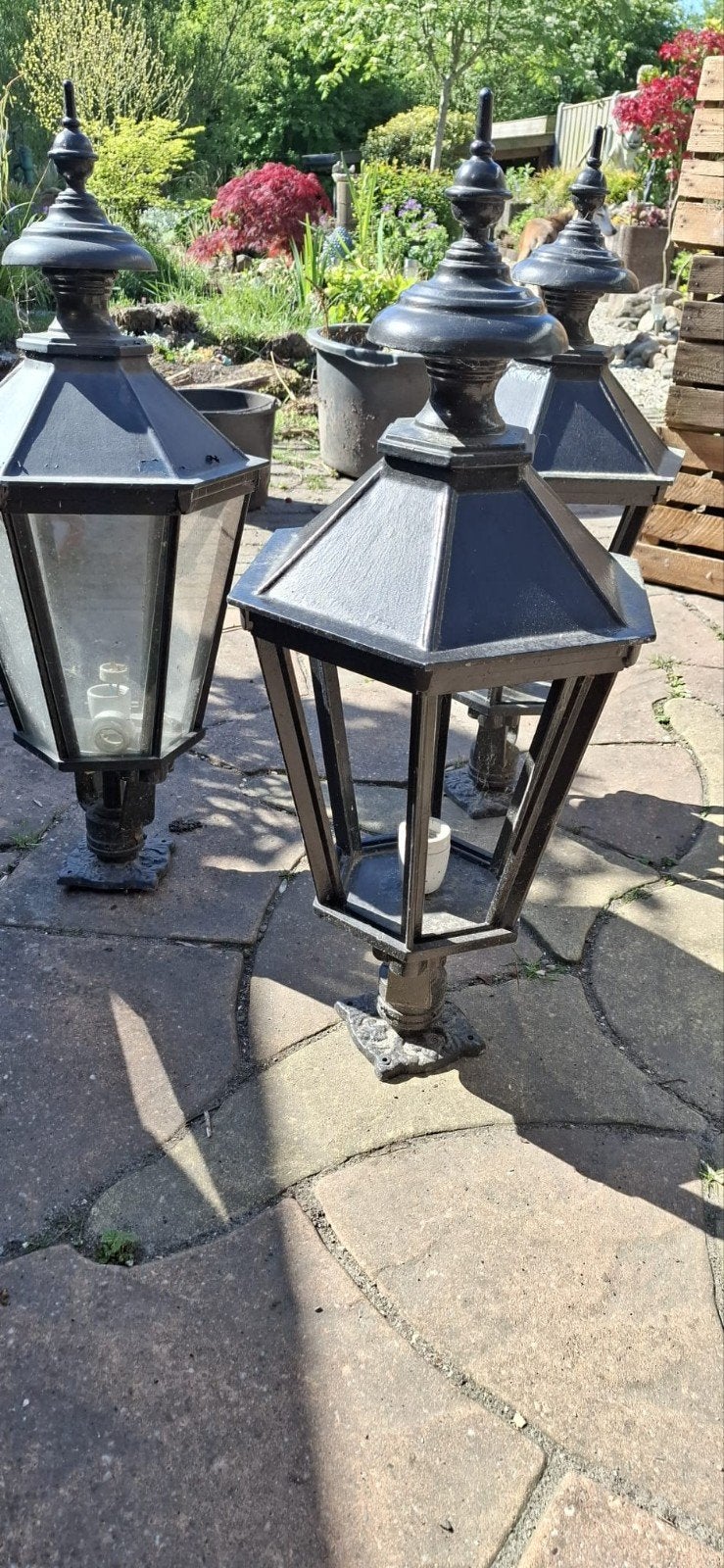 3 Buitenlantaarns- met fitting en glasplaten, Gebruikt, Staal, Staande lamp, Ophalen of Verzenden