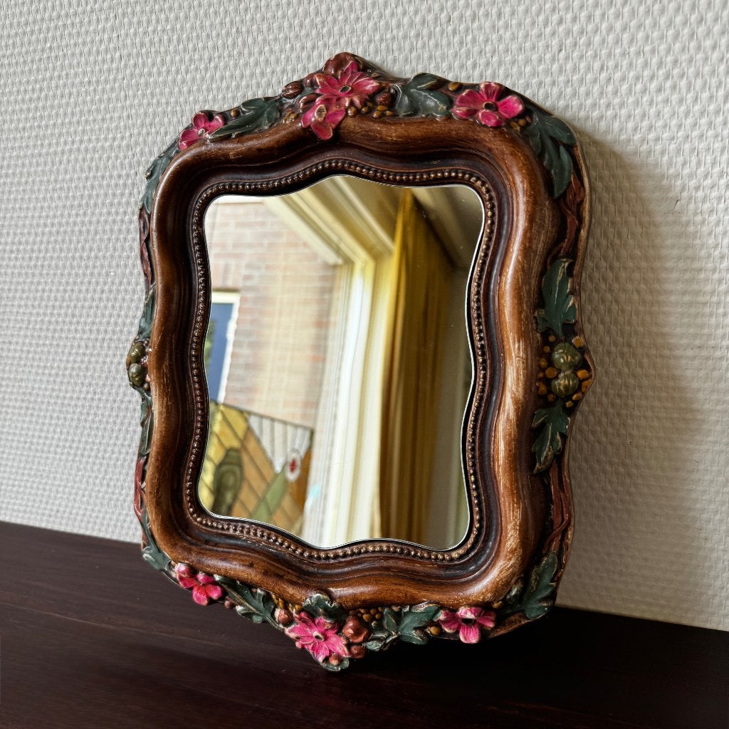 Vintage Keramische Italiaanse Spiegel met Bloemen Rand, Antiek en Kunst, Antiek | Spiegels, Ophalen of Verzenden, Overige vormen