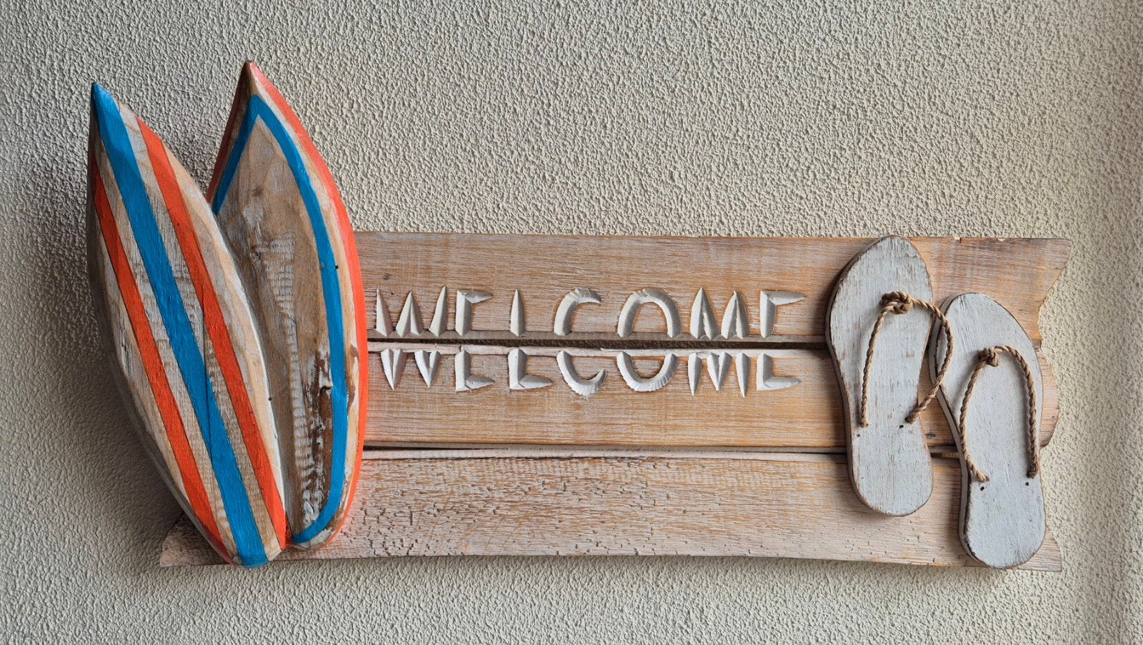 Houten welkom bord thema strand met surfplanken en slippers, Huis en Inrichting, Hout, Meerkleurig, Overige stijlen, Ophalen of Verzenden