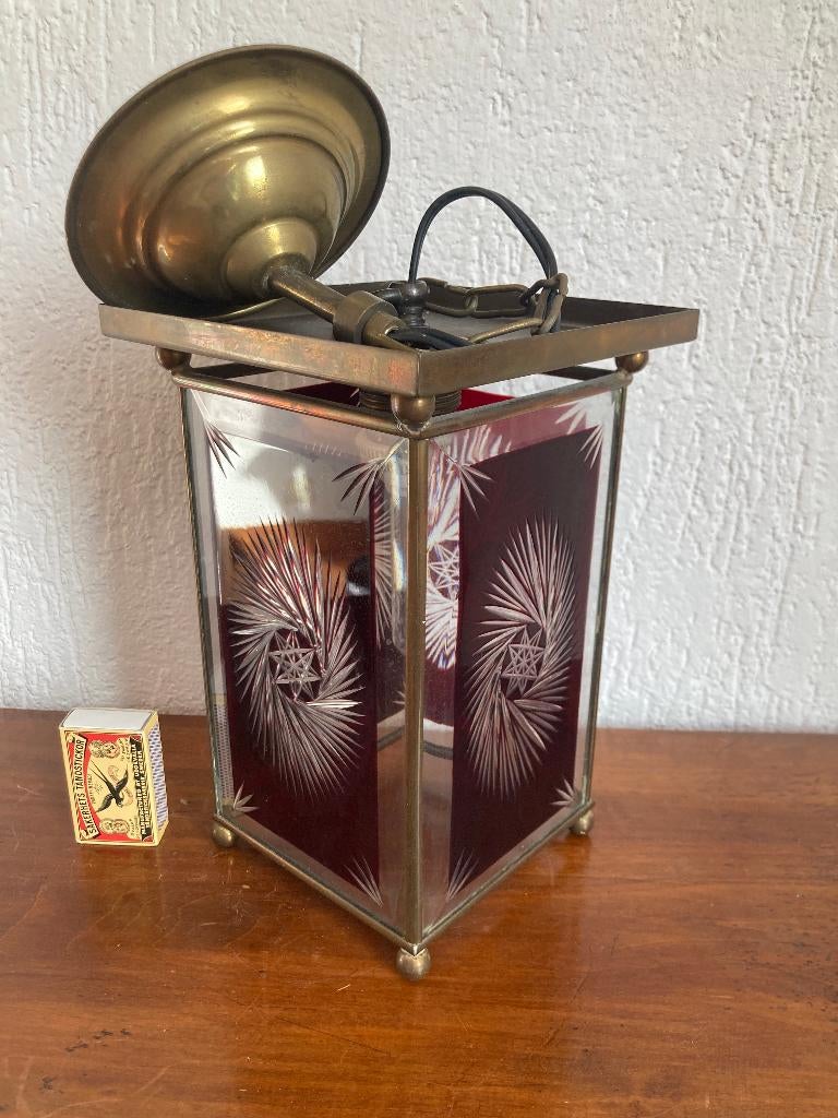 Antiek pagode vormige paars glazen hanglampje bloemmotief, Ophalen of Verzenden