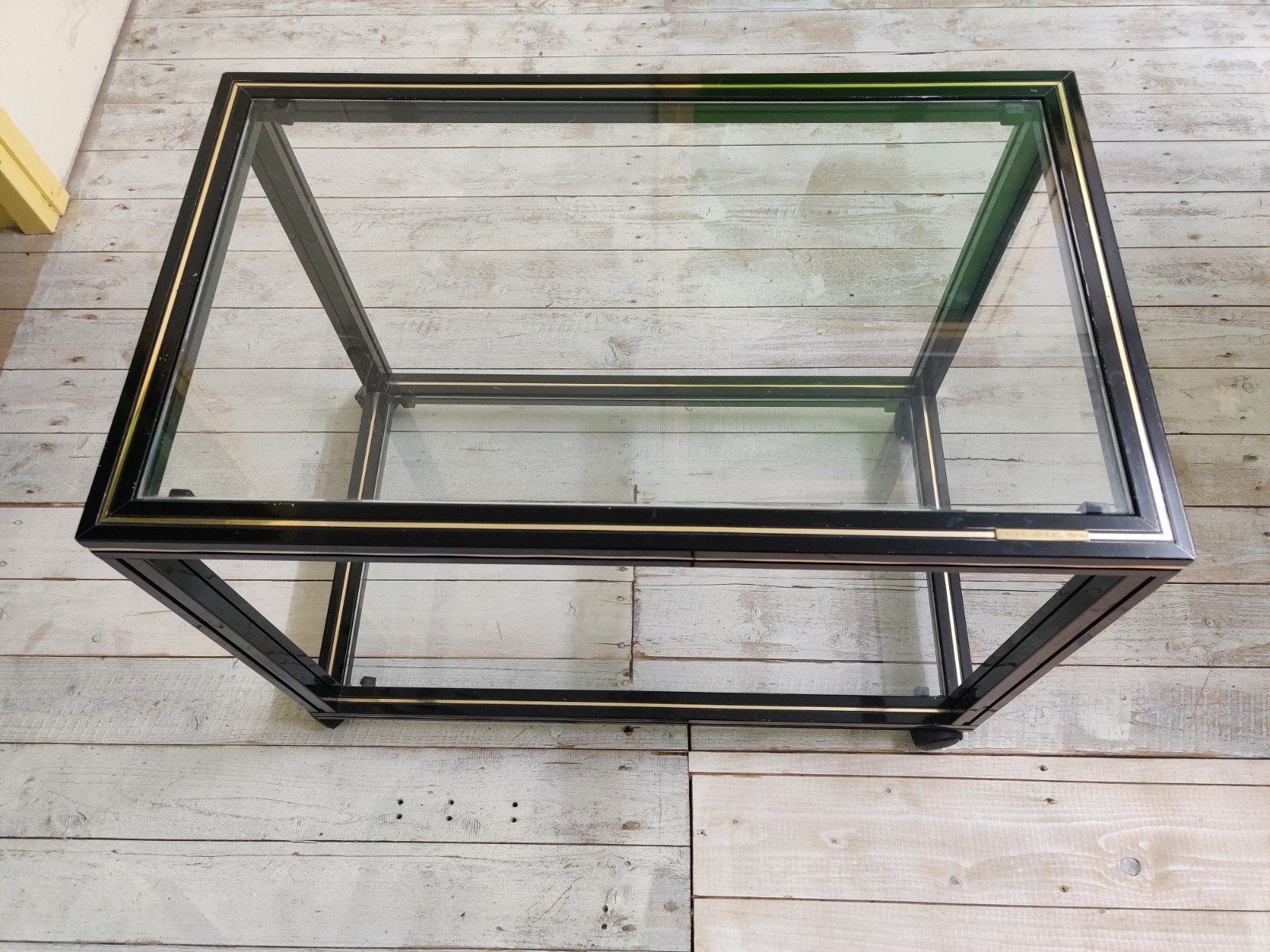 Vintage Pierre Vandel tafel jaren 70, Gebruikt, Glas, 75 cm of meer, Rechthoekig