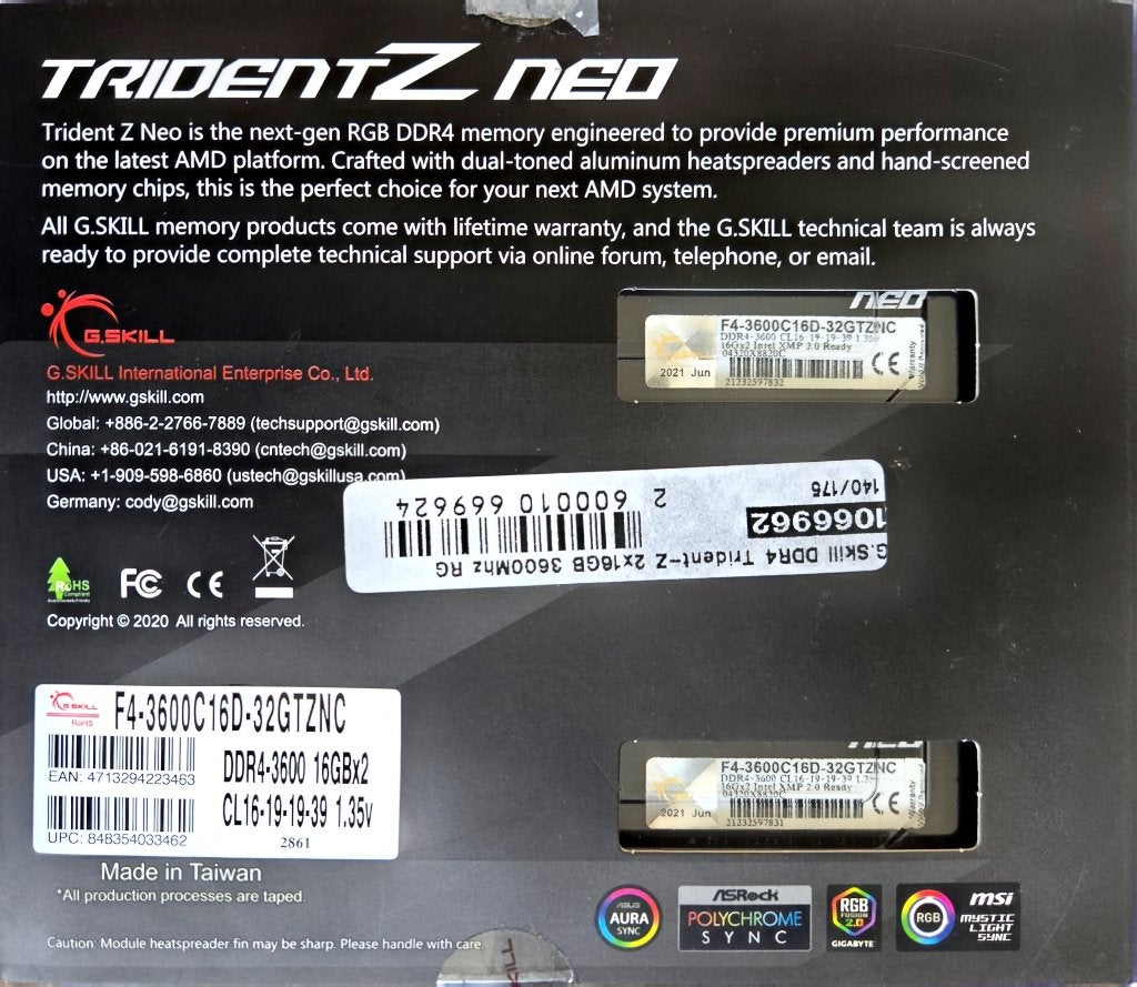 TridentZ neo 2x 16GB DDR4 geheugen, Computers en Software, RAM geheugen, Gebruikt, 32 GB, DDR4, Ophalen of Verzenden