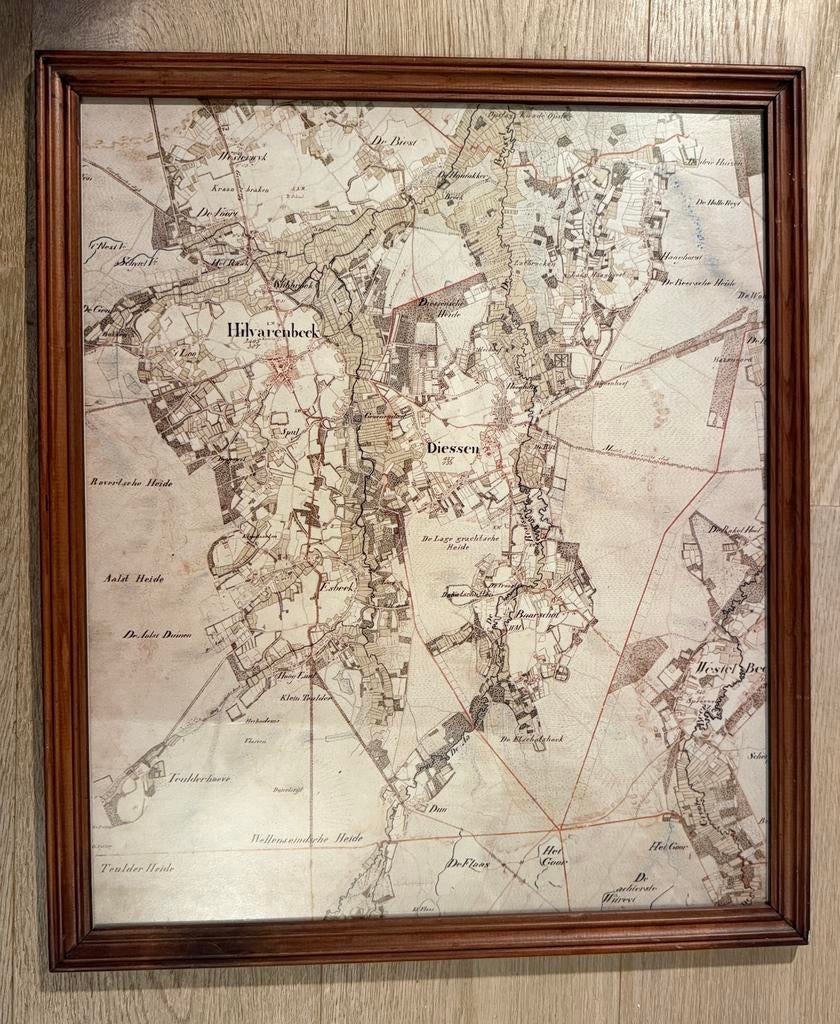 Historische kaart in lijst, Hilvarenbeek, Diessen en omg., Boeken, Ophalen of Verzenden, 1800 tot 2000, Nederland, Landkaart