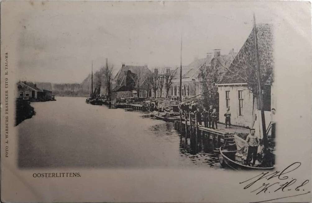 Oosterlittens (Fr) Kade met Schepen en Inwoners – R. Talsma, Verzamelen, Ophalen of Verzenden, Voor 1920, Gelopen, Friesland