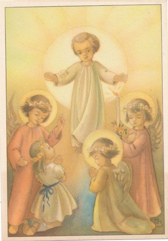 4 mooie devotie kaarten Jezus - Maria - Engeltjes - kinderen, Ophalen of Verzenden, Zo goed als nieuw, Kaart of Prent, Christendom | Katholiek