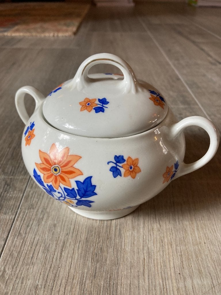 Vintage antieke suikerpot oortjes potje met deksel bloemen, Ophalen of Verzenden