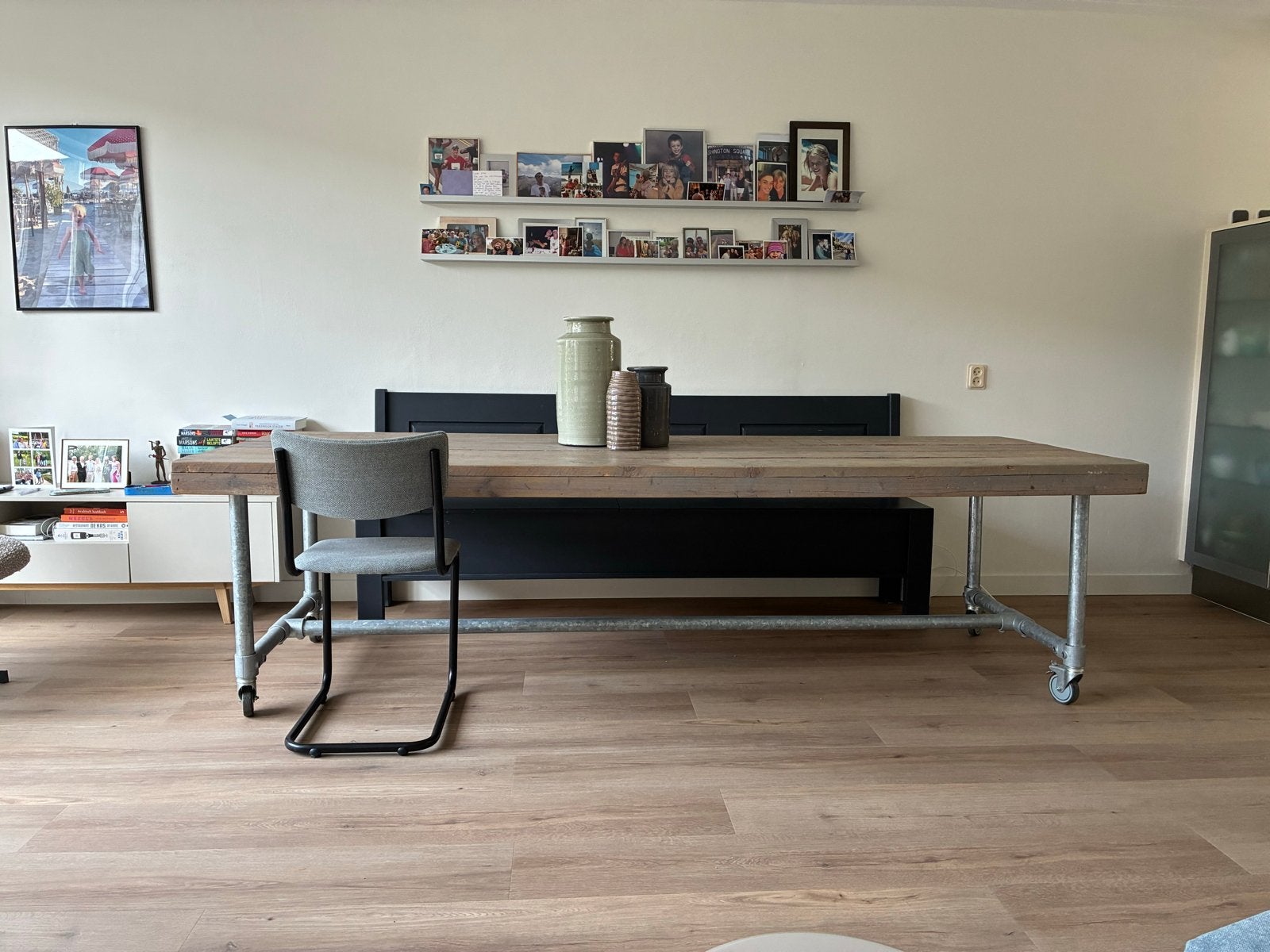 Steigerhouten eettafel met bank en opbergruimte, Ophalen, Gebruikt, 200 cm of meer, 50 tot 100 cm