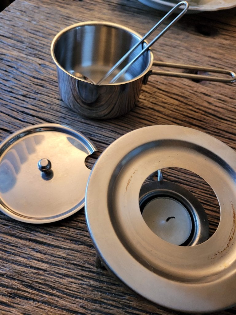 RVS Sauswarmer / Boterwarmer met rechaud (Kwaliteit 18-8), Zilver, Ophalen of Verzenden, Metaal, Overige merken