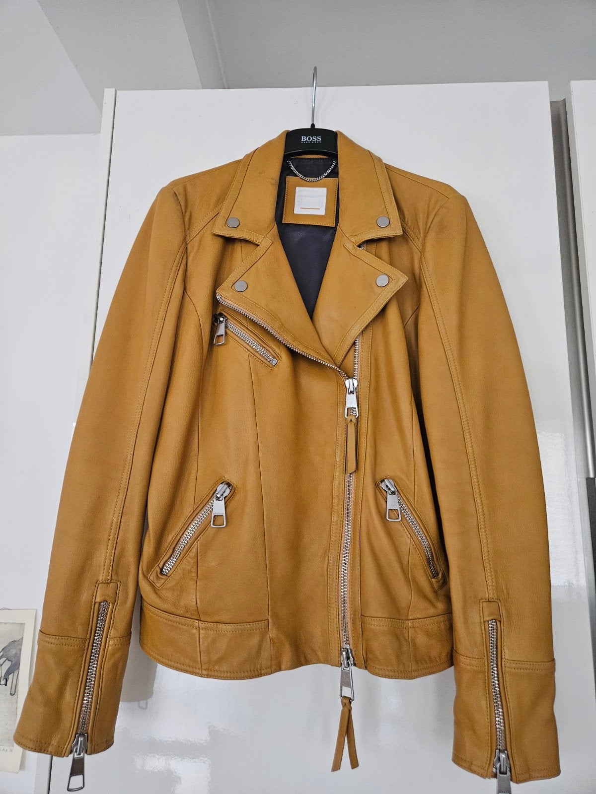 Hugo Boss Leren Bikerjack Dames - Maat 36 (valt ruim), Overige kleuren, Ophalen of Verzenden, Maat 36 (S), Gedragen