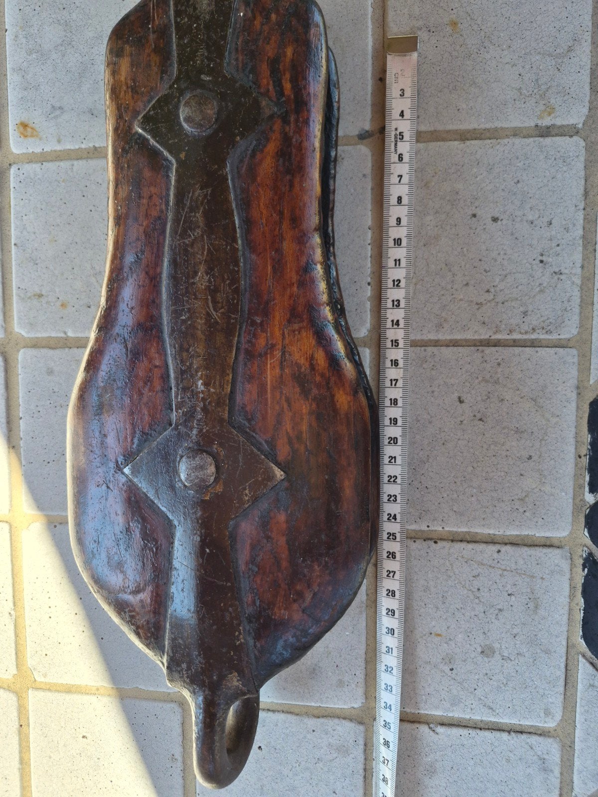 Zeer oude houten katrol, antiek scheepvaart object, Ophalen of Verzenden