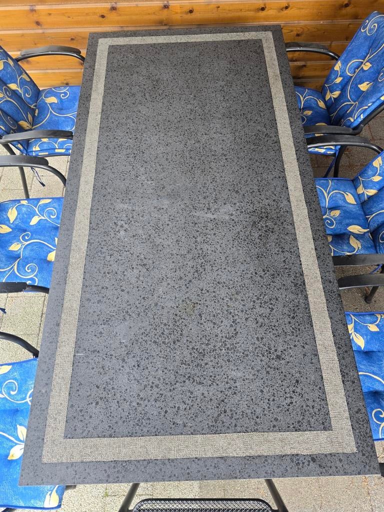 Tuintafel natuursteen graniet met 6 stoelen en voetenbankje, Huis en Inrichting, Tafels | Eettafels, Ophalen, Overige materialen