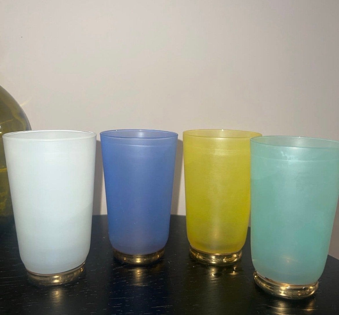 Set van 4 vintage gekleurde glazen met gouden rand, Antiek en Kunst, Antiek | Glas en Kristal, Ophalen of Verzenden