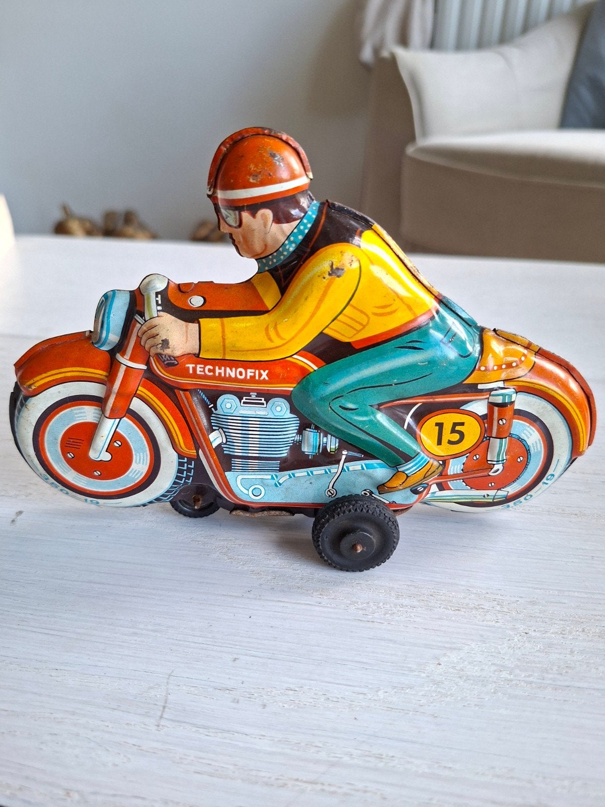 Vintage Technofix blikken motor met coureur - nummer 15, Ophalen of Verzenden