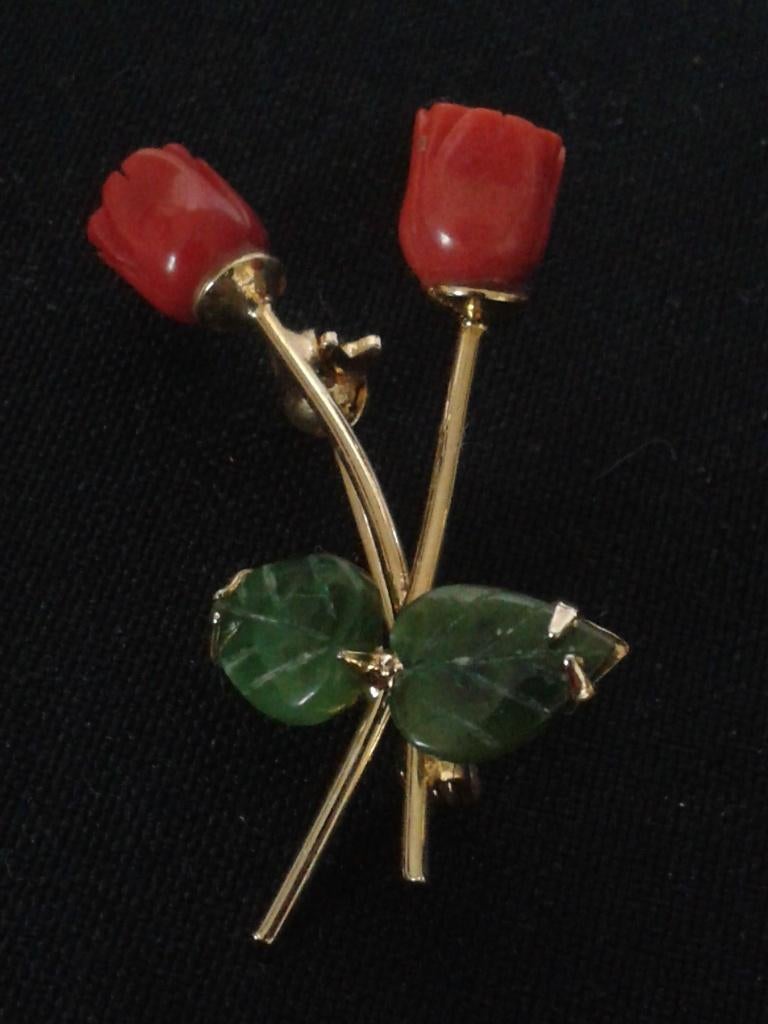 vintage SWOBODA Broche ~ KORAAL roosjes JADE blad ~ Verguld, Ophalen of Verzenden