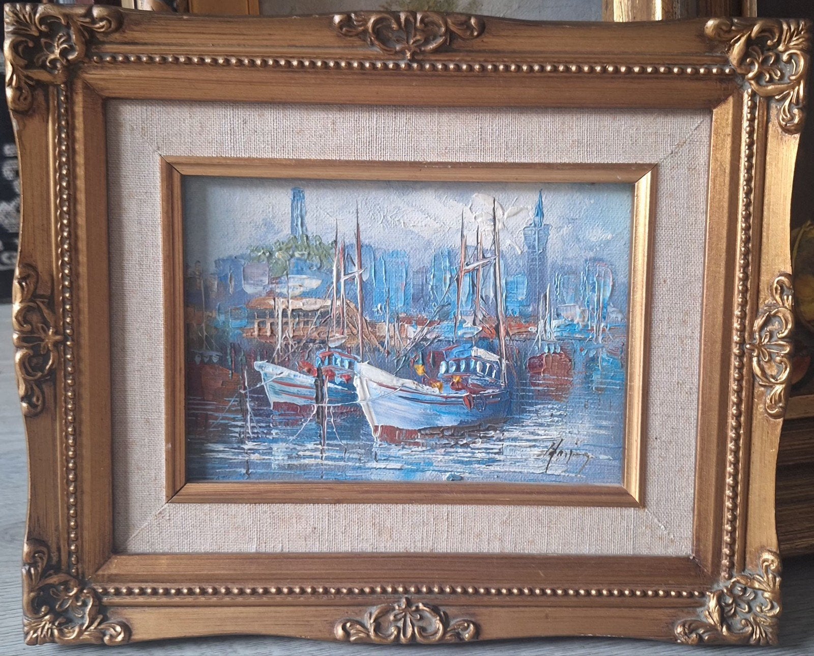 Maritiem havengezicht, olieverf op doek, ingelijst, Antiek en Kunst, Maritiem / water, Doek, Impressionistisch, Ophalen of Verzenden
