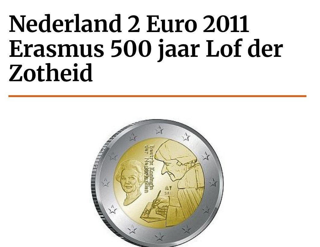 Nederland 2 Euro 2011 Erasmus Lof der Zotheid unc., Postzegels en Munten, Ophalen of Verzenden, 2 euro, Losse munt
