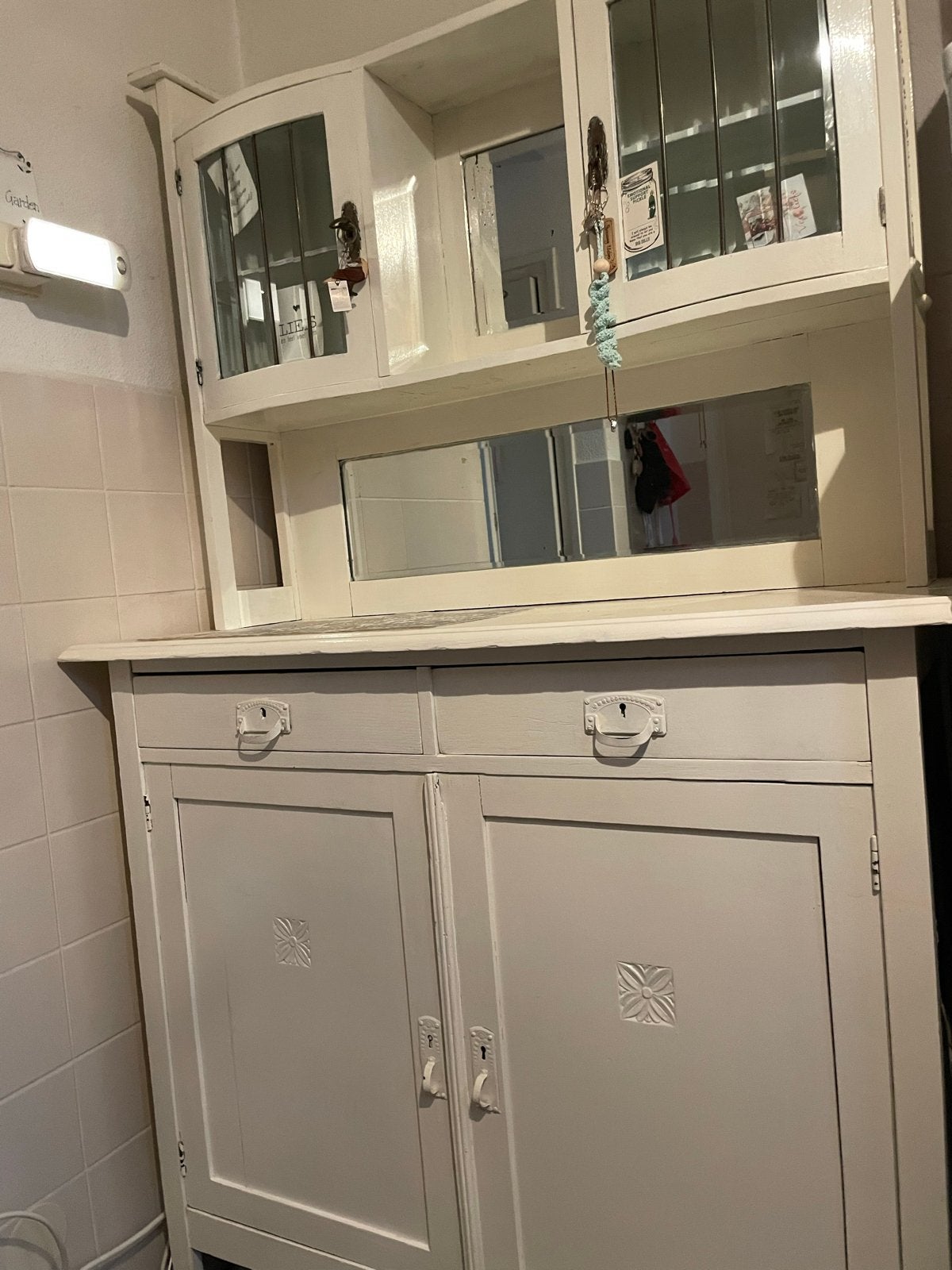 Brocante eiken antieke buffetkast met facetgeslepen glas, Ophalen