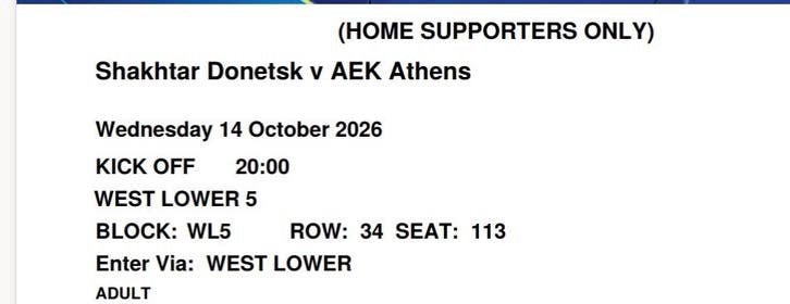 Shakhtar Donetsk v AEK Athene ticket 14-10-2026