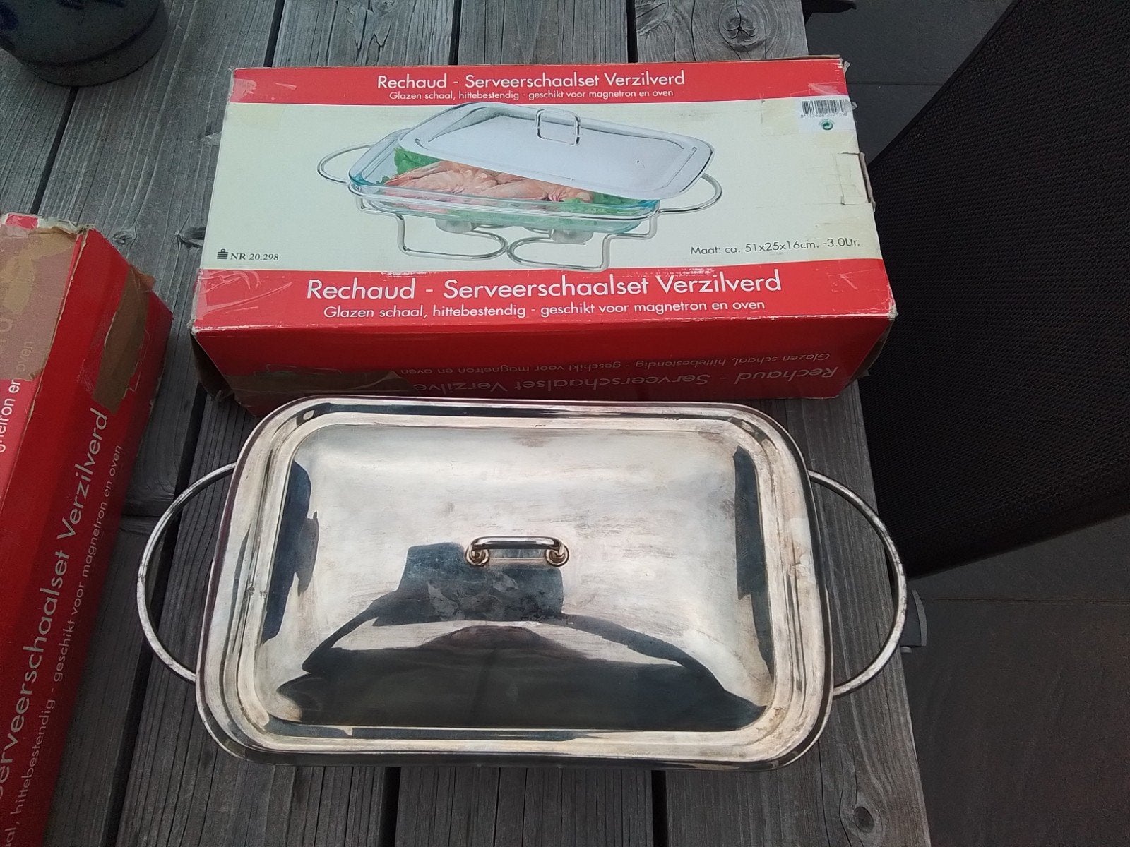2x verzilverde rechaud schalen met glazen schaal, Ophalen