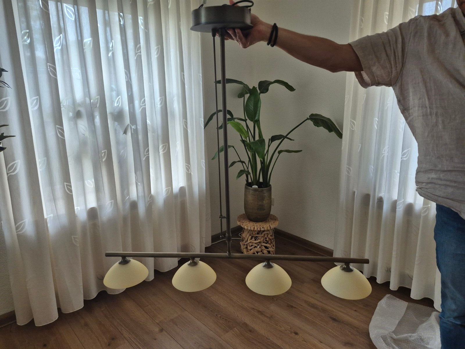 Dimbare messing eettafel hanglamp met 4 lichtpunten, Huis en Inrichting, Ophalen, Gebruikt, Metaal