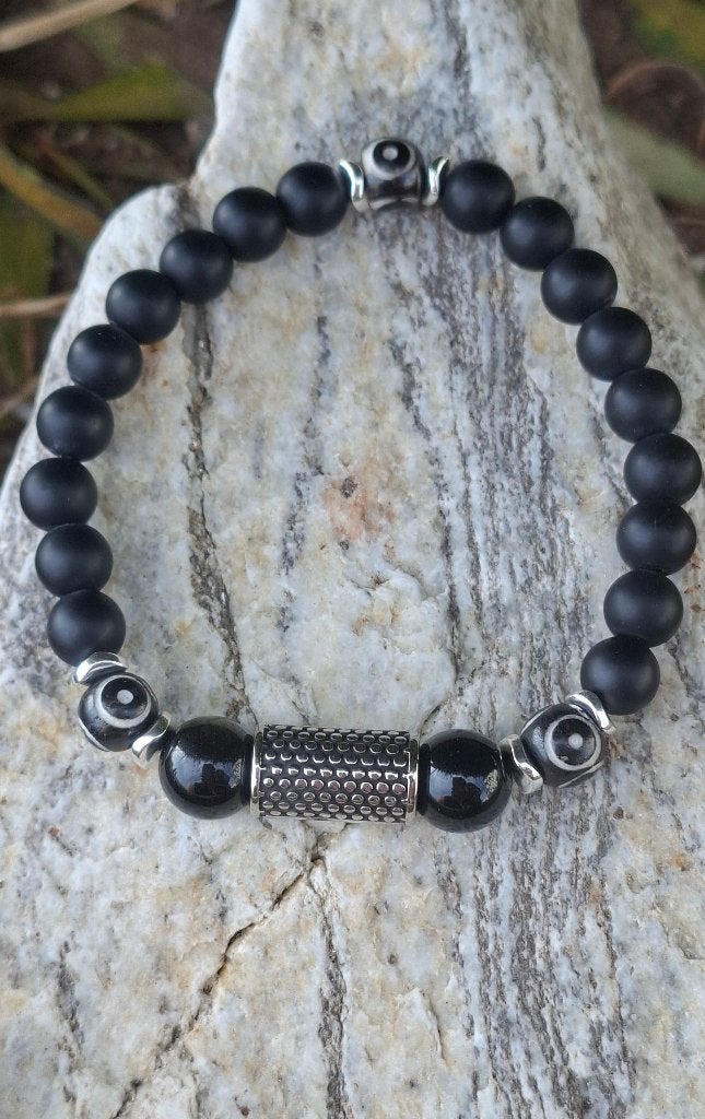 Nieuwe 8 mm Herenarmband van Onyx + luxe RVS sierkraal, Overige materialen, Met bedels of kralen, Zwart, Nieuw